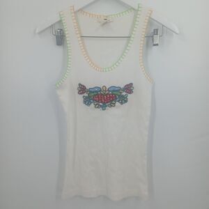 YAG Floral Embroidered Ribbed Tank Womens Large White Boho Chic